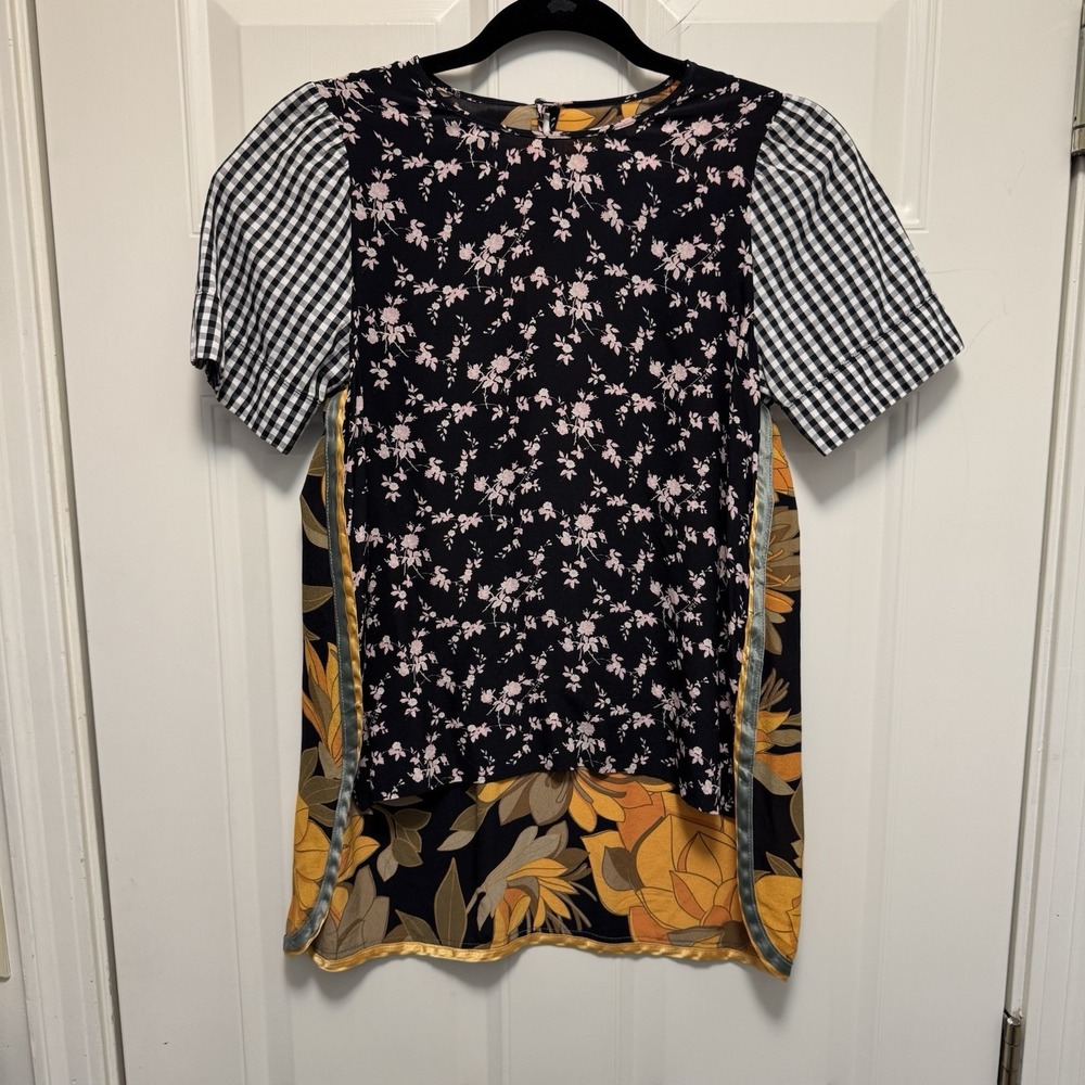 N°21 Women Mixed Print Top IT 40 Black Yellow Floral‎ Gingham Patchwork